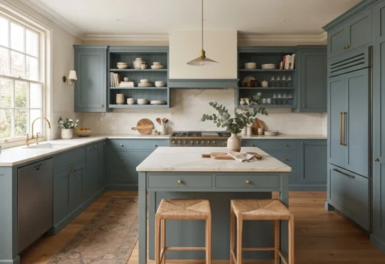 A kitchen with a central island, perimeter cabinetry, and clear routes between the main work areas.