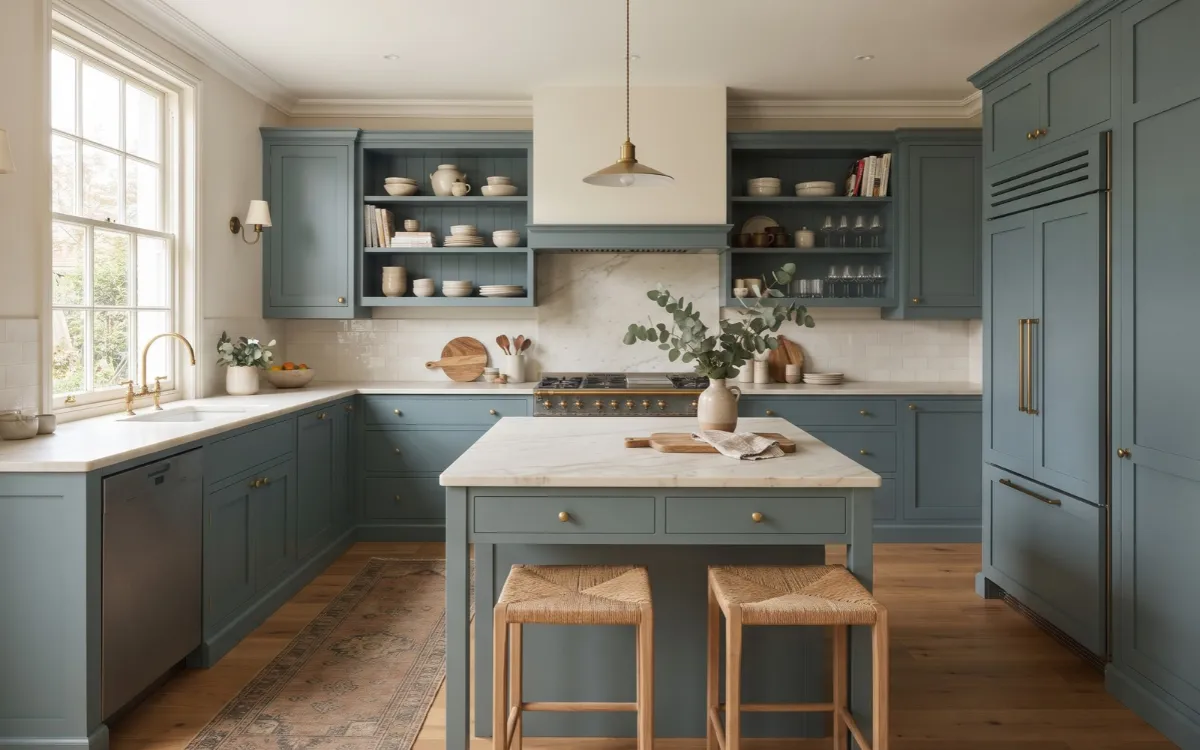 A kitchen with a central island, perimeter cabinetry, and clear routes between the main work areas.