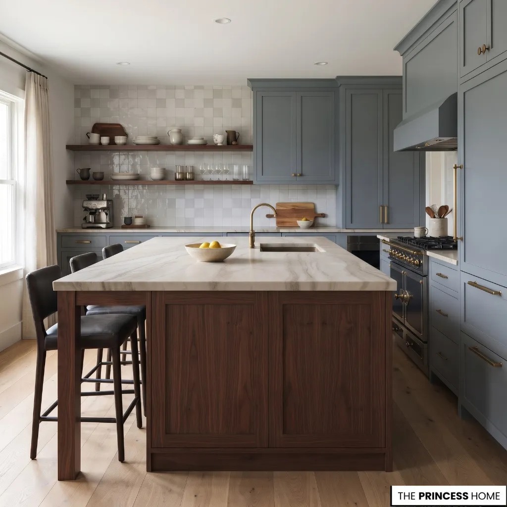 An oversized kitchen island narrows the passage between the island and the surrounding cabinets.