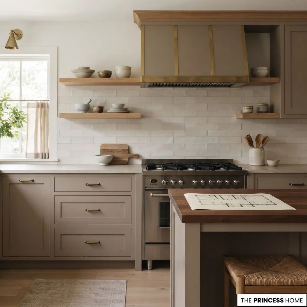 A kitchen planning surface with a scaled floor plan and a measured outline for checking the proposed layout.