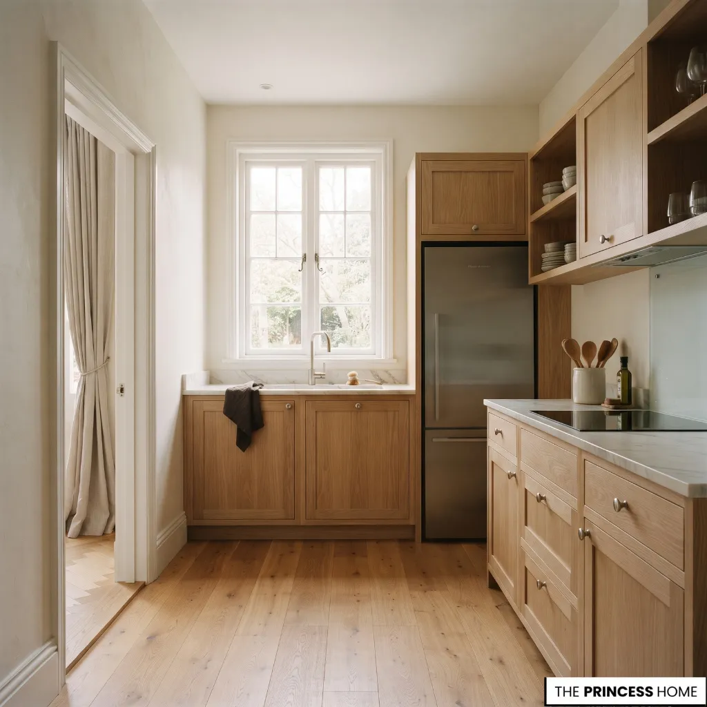 A compact kitchen showing the relationship between its cabinetry, window, doorway, and available floor space.