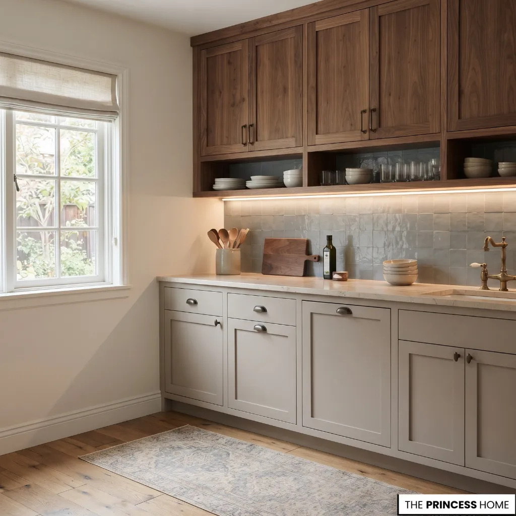 Under-cabinet lighting illuminating a kitchen backsplash and countertop beneath dark wood cabinets.