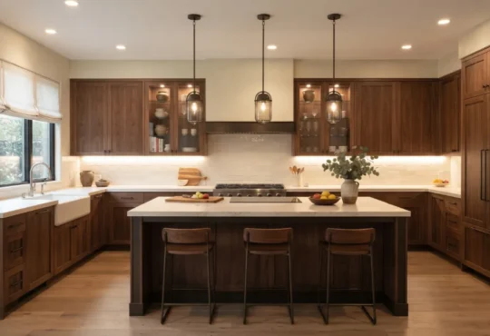 Contemporary kitchen with recessed ceiling lights, under-cabinet illumination, and pendant lights above a central island.