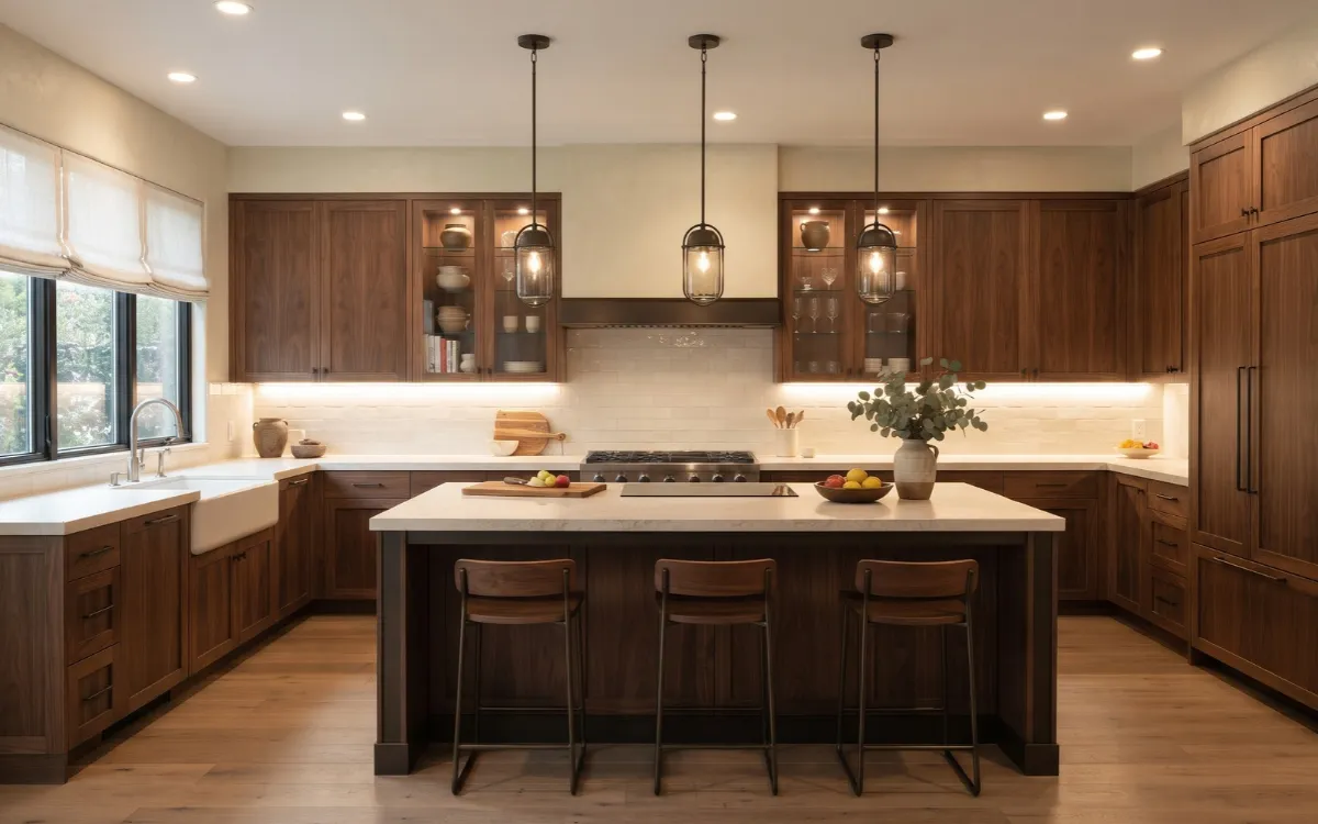 Contemporary kitchen with recessed ceiling lights, under-cabinet illumination, and pendant lights above a central island.