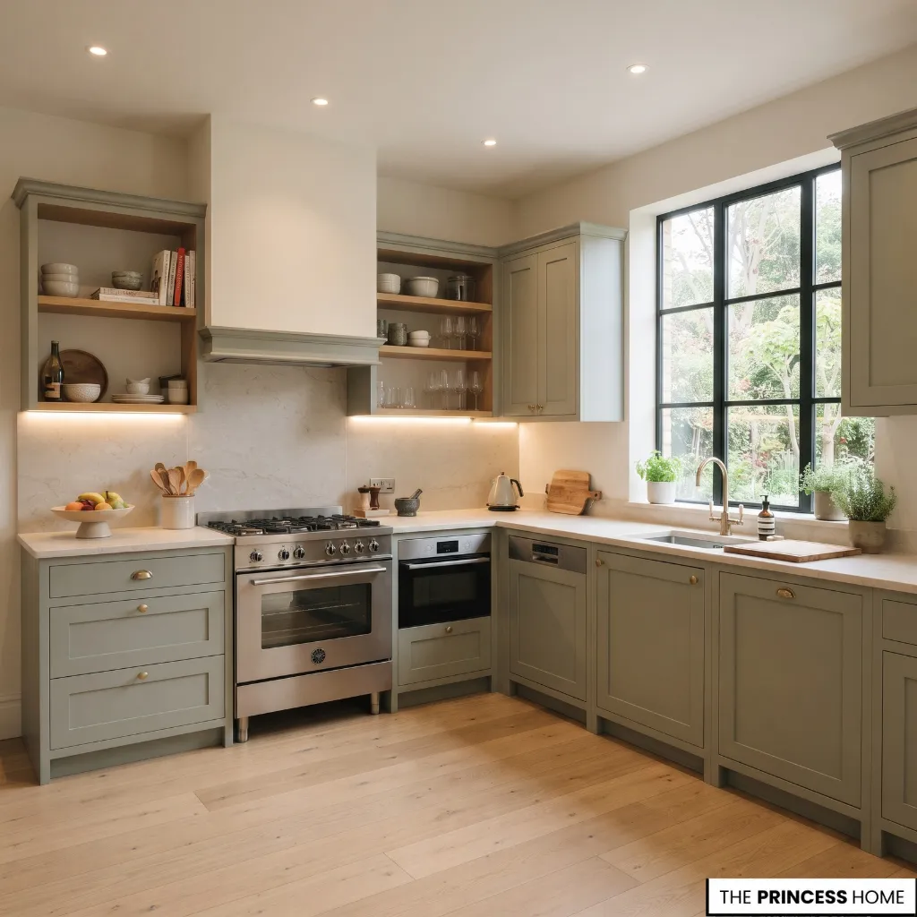 Sage green L-shaped kitchen with a window, recessed ceiling lights, and illuminated countertop work areas.