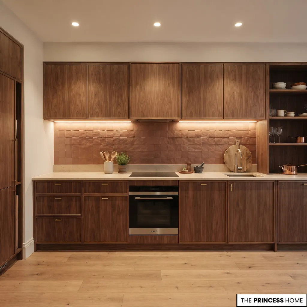 Walnut kitchen cabinetry and natural stone surfaces illuminated by coordinated ceiling and under-cabinet lighting.