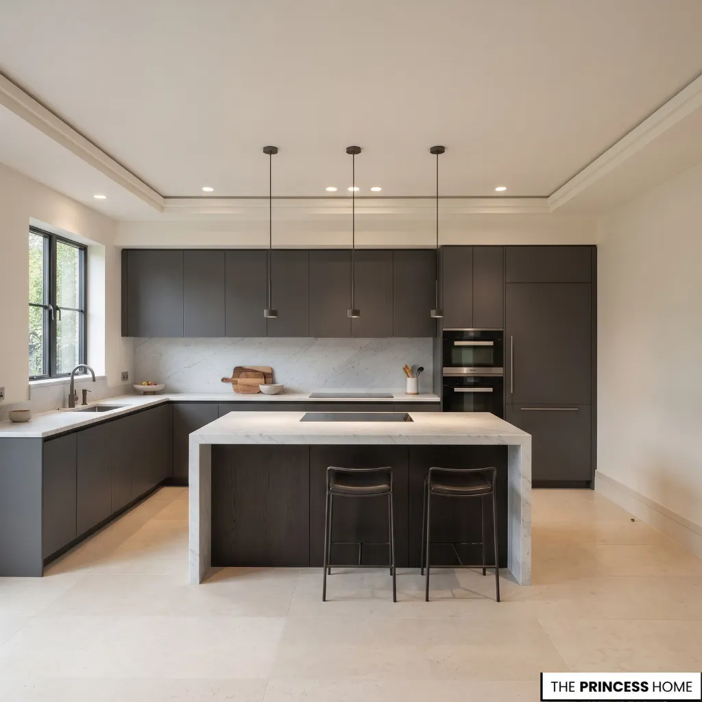 Contemporary kitchen with recessed ceiling lights positioned above cabinetry and circulation areas.