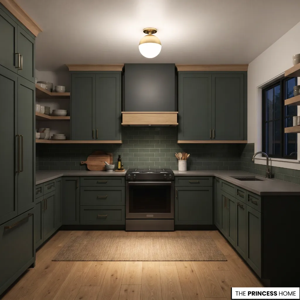 Kitchen relying on one central ceiling fixture, leaving countertop areas and corners poorly illuminated.
