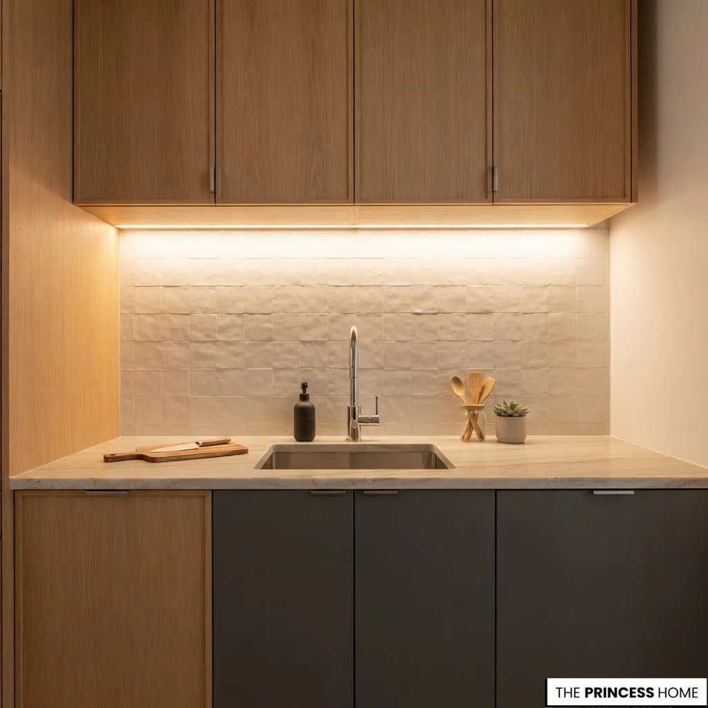 Continuous LED strip lighting beneath olive kitchen cabinets illuminating the countertop and sink.