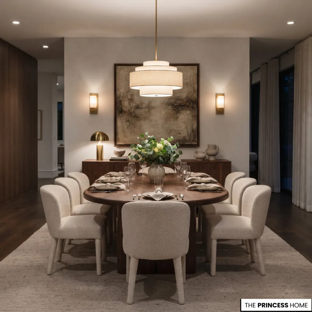 A dining room with a central table light and supplementary wall sconces illuminating the surrounding space.