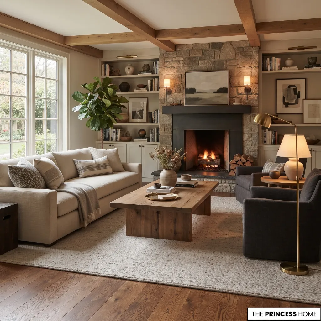 Living room showing coordinated furniture, color, materials, lighting, patterns, and styling