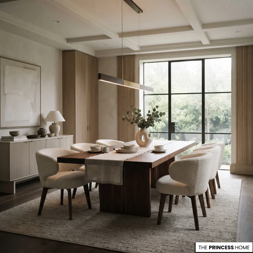 A long linear pendant centered above a rectangular dining table with chairs arranged along both sides.