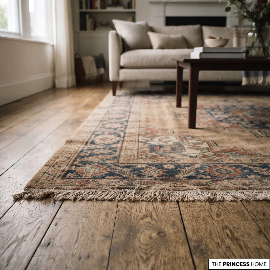 An area rug lies flat on a wood floor with its edge and surrounding floor clearly visible.