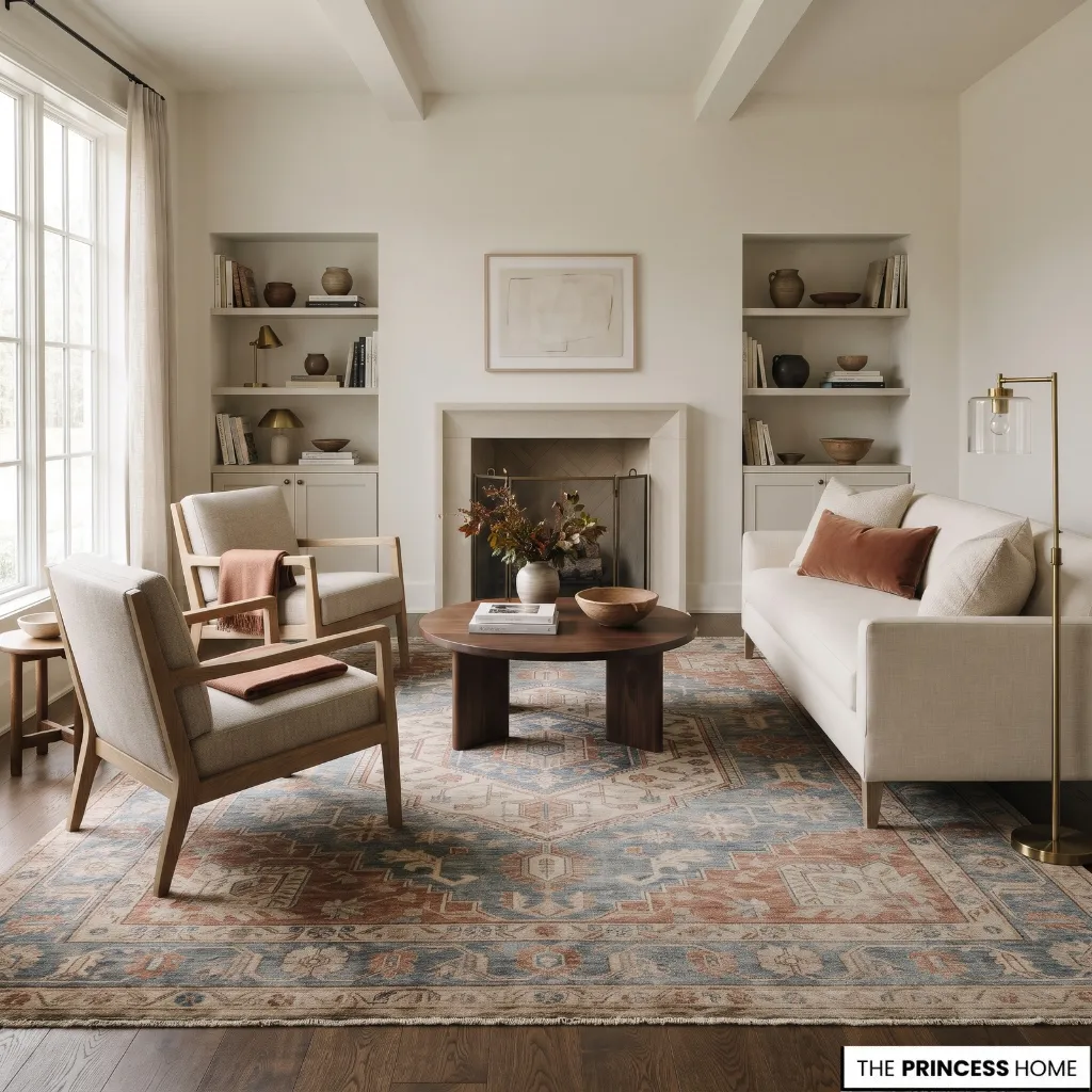 A patterned living room rug introduces muted blue and terracotta tones alongside neutral upholstery and wood flooring.