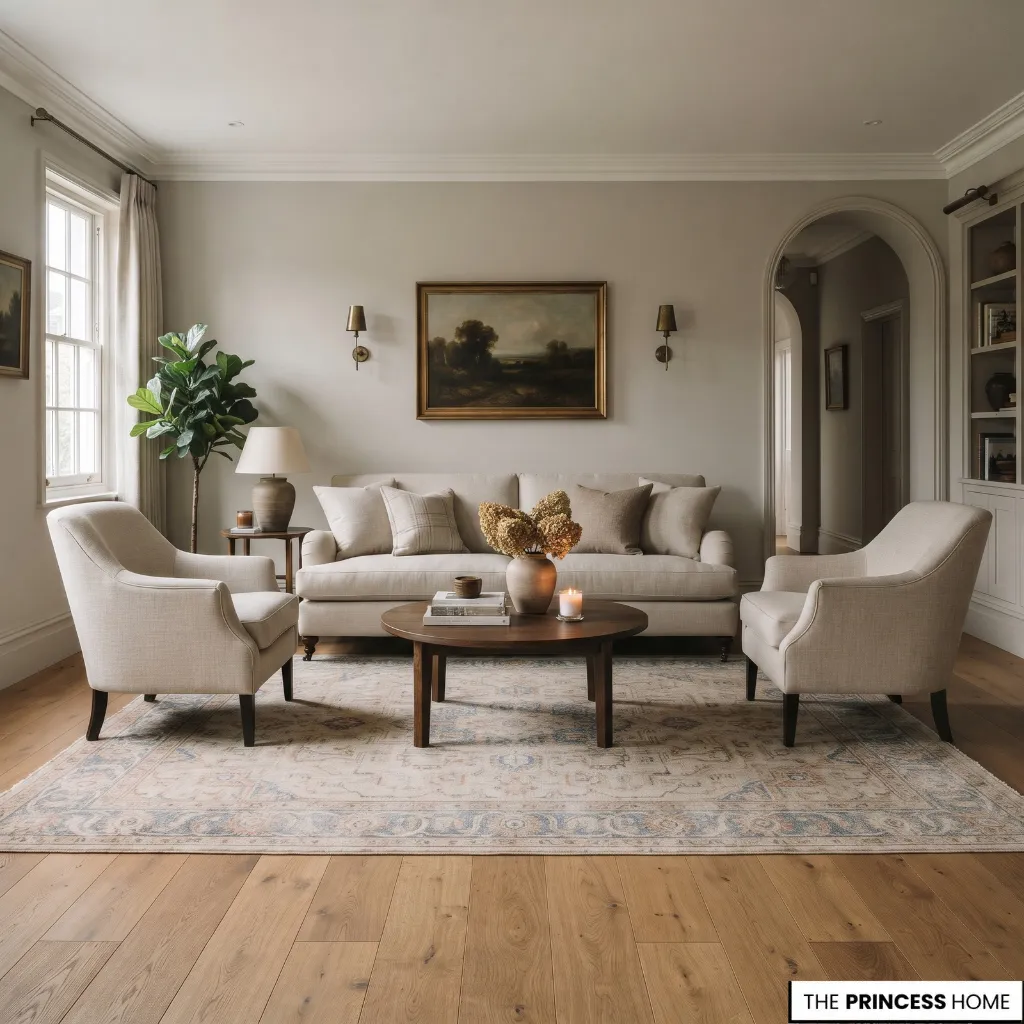 The front legs of a sofa and armchairs rest on a rug that connects the seating arrangement.