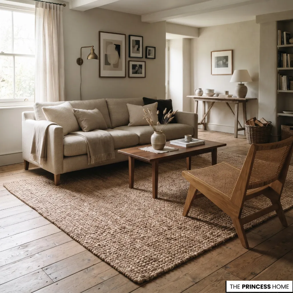 A woven natural-fiber rug beneath a living room seating group, showing its visible texture.