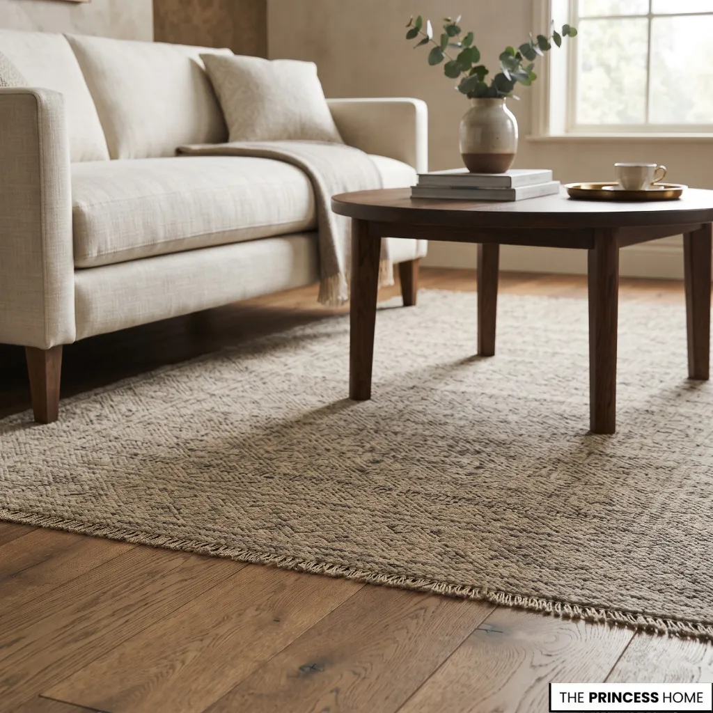 A low-pile rug beneath living room furniture with its short, compact surface clearly visible.