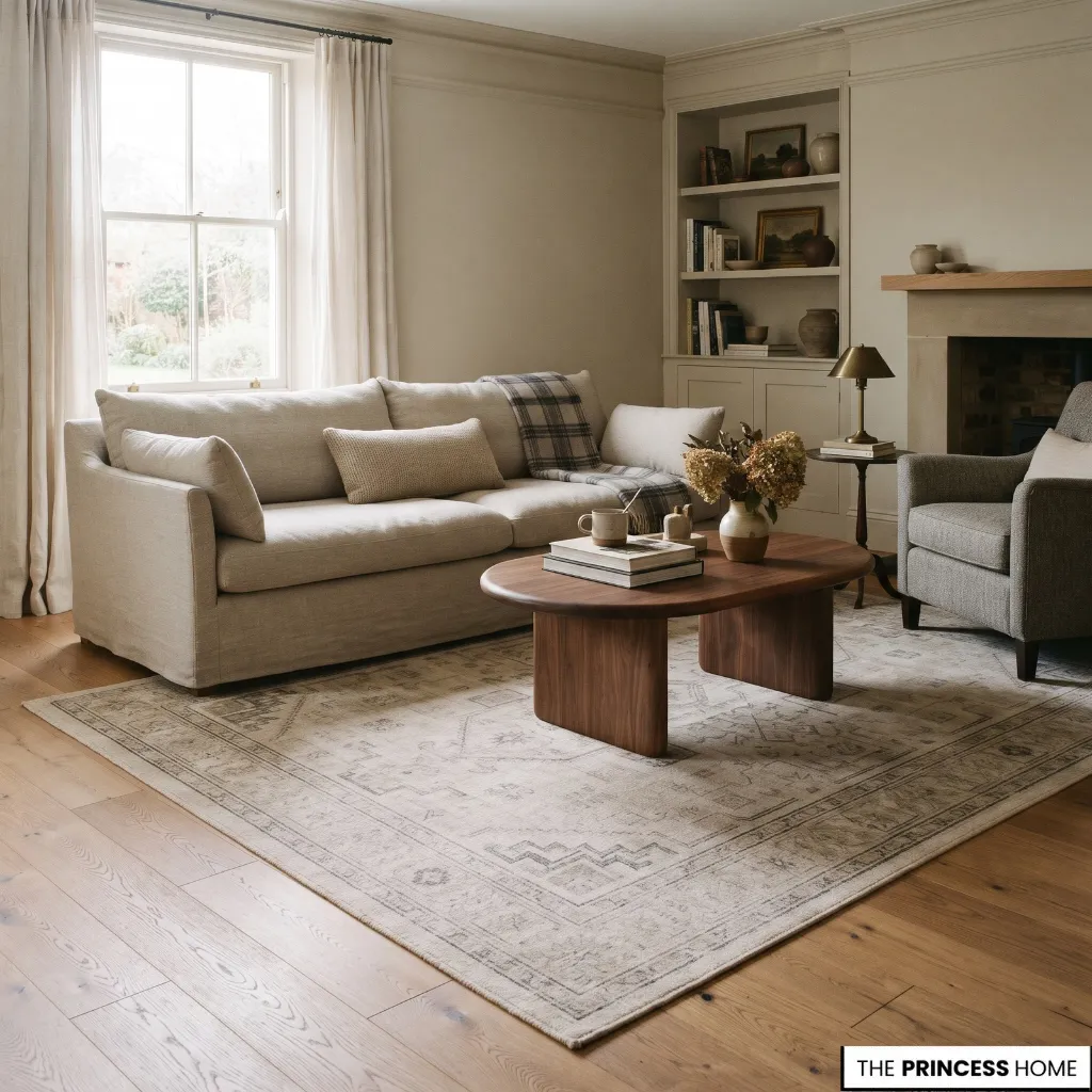 A simply patterned area rug in a functional living room with durable-looking furniture and wood flooring.