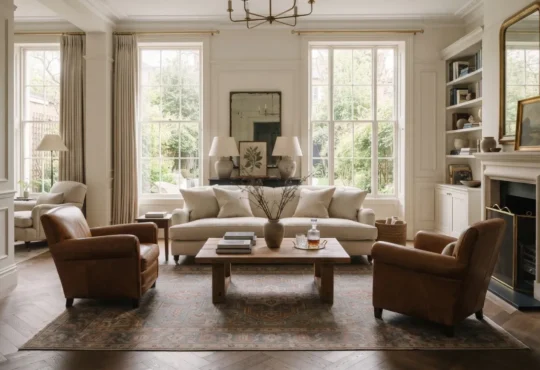 A patterned area rug connects a sofa, armchairs, and coffee table in a naturally lit living room.