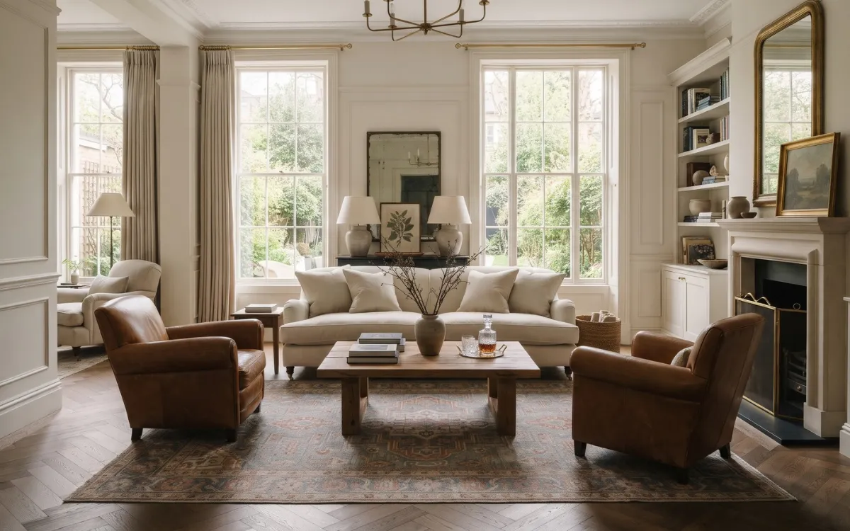 A patterned area rug connects a sofa, armchairs, and coffee table in a naturally lit living room.