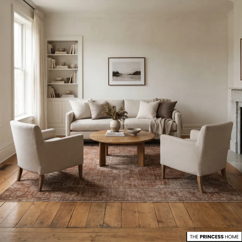 A living room rug extending beneath the front legs of a sofa and armchairs.