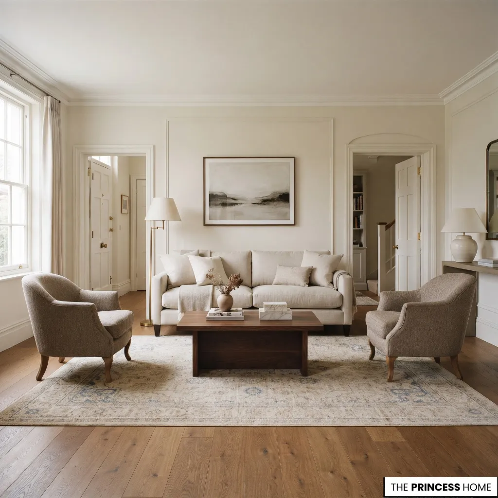A living room showing the rug, seating group, surrounding floor, and clear walking routes.