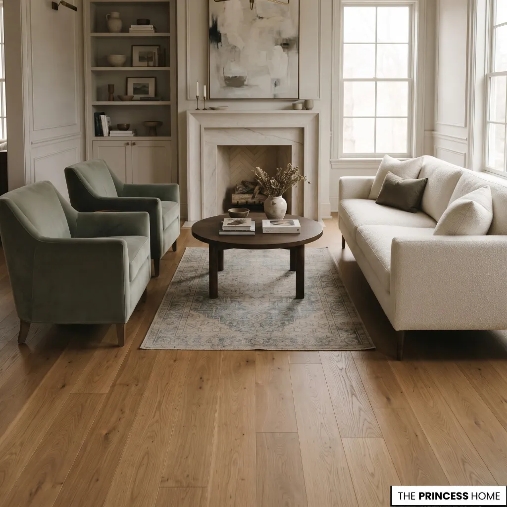 A small rug sits only beneath the coffee table, leaving the sofa and armchairs disconnected from the seating area.