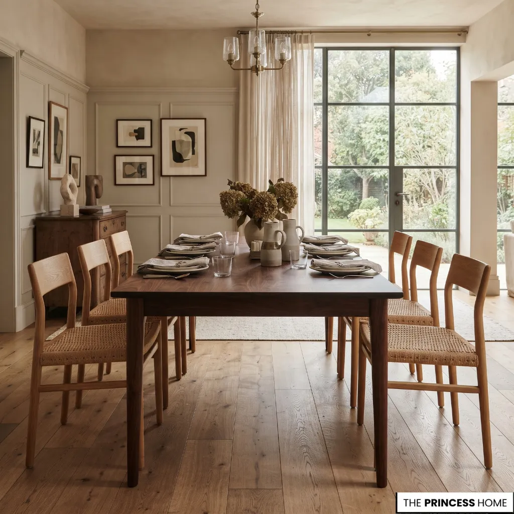 Dark wooden dining table paired with lighter timber chairs in a coordinated dining room.