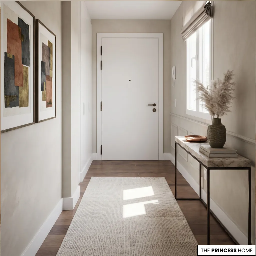 A minimalist hallway with dark wood floors and light walls leads to a closed white door