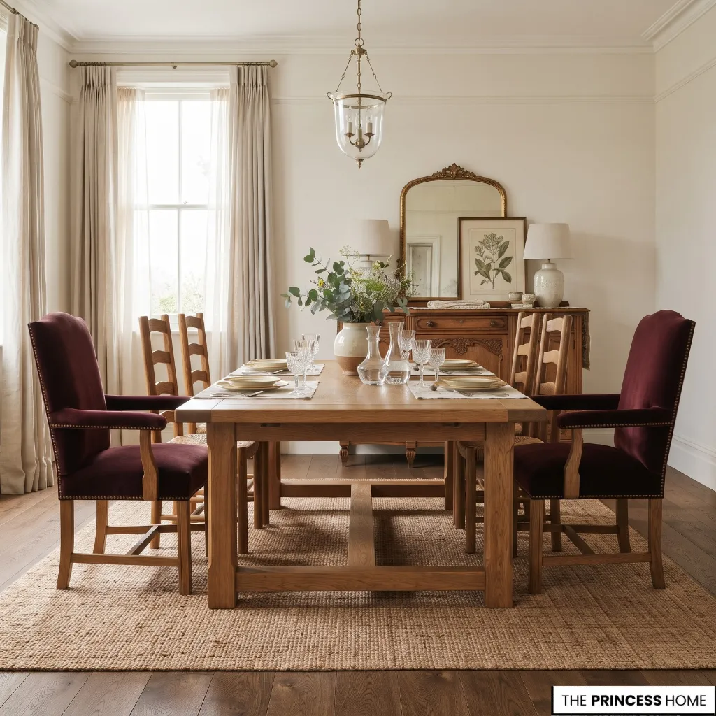 Matching side chairs paired with different upholstered chairs at the ends of a dining table.