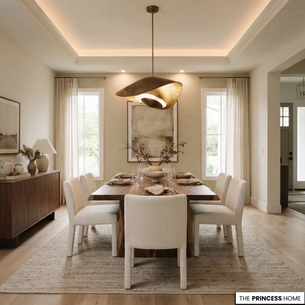 A sophisticated, modern dining room with a long wooden table,