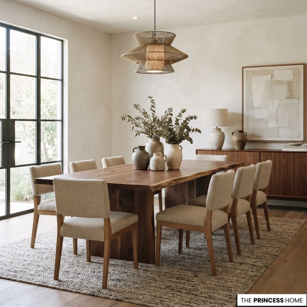 A contemporary dining room featuring a live-edge wooden table, upholstered chairs, a woven pendant light, and a sideboard, reflecting Decor Trends 2027