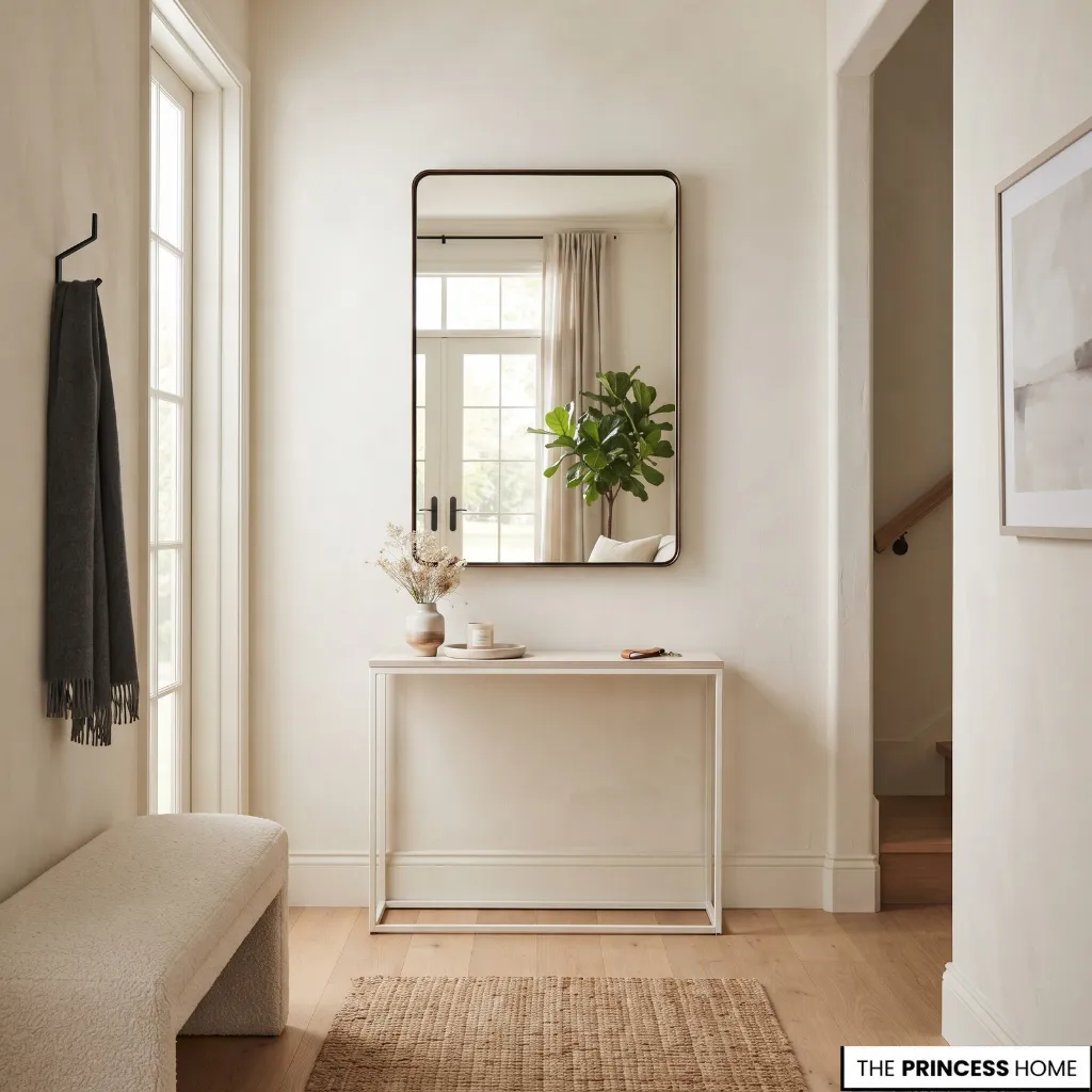 A bright modern hallway features a cream-colored console table