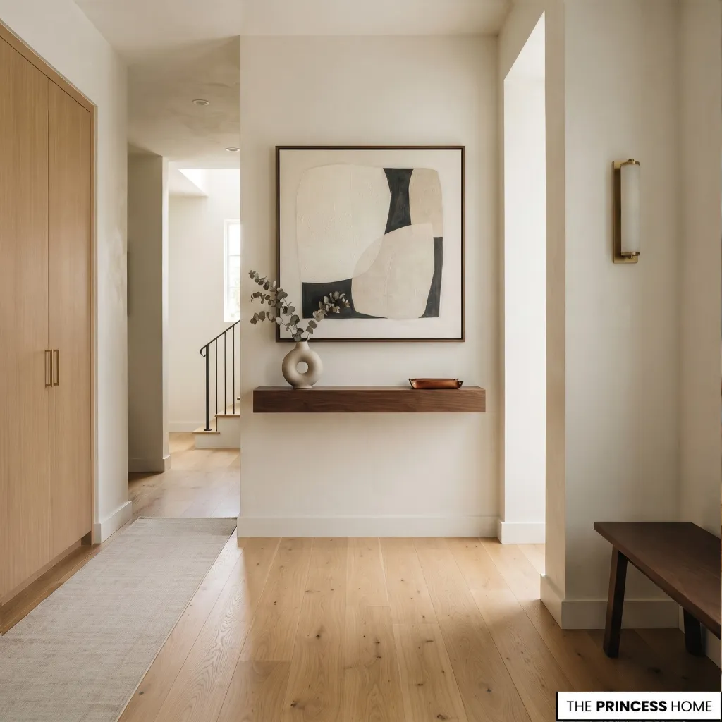 A modern minimalist hallway with light wood floors features a floating dark wood console