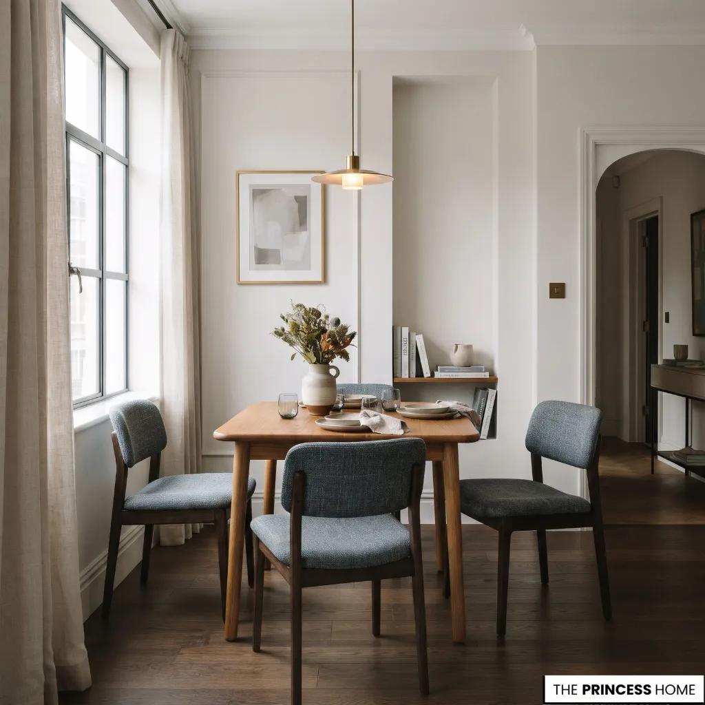 A modern, elegant dining area with a wooden table, four blue-upholstered chairs, a pendant light above, and a tall window