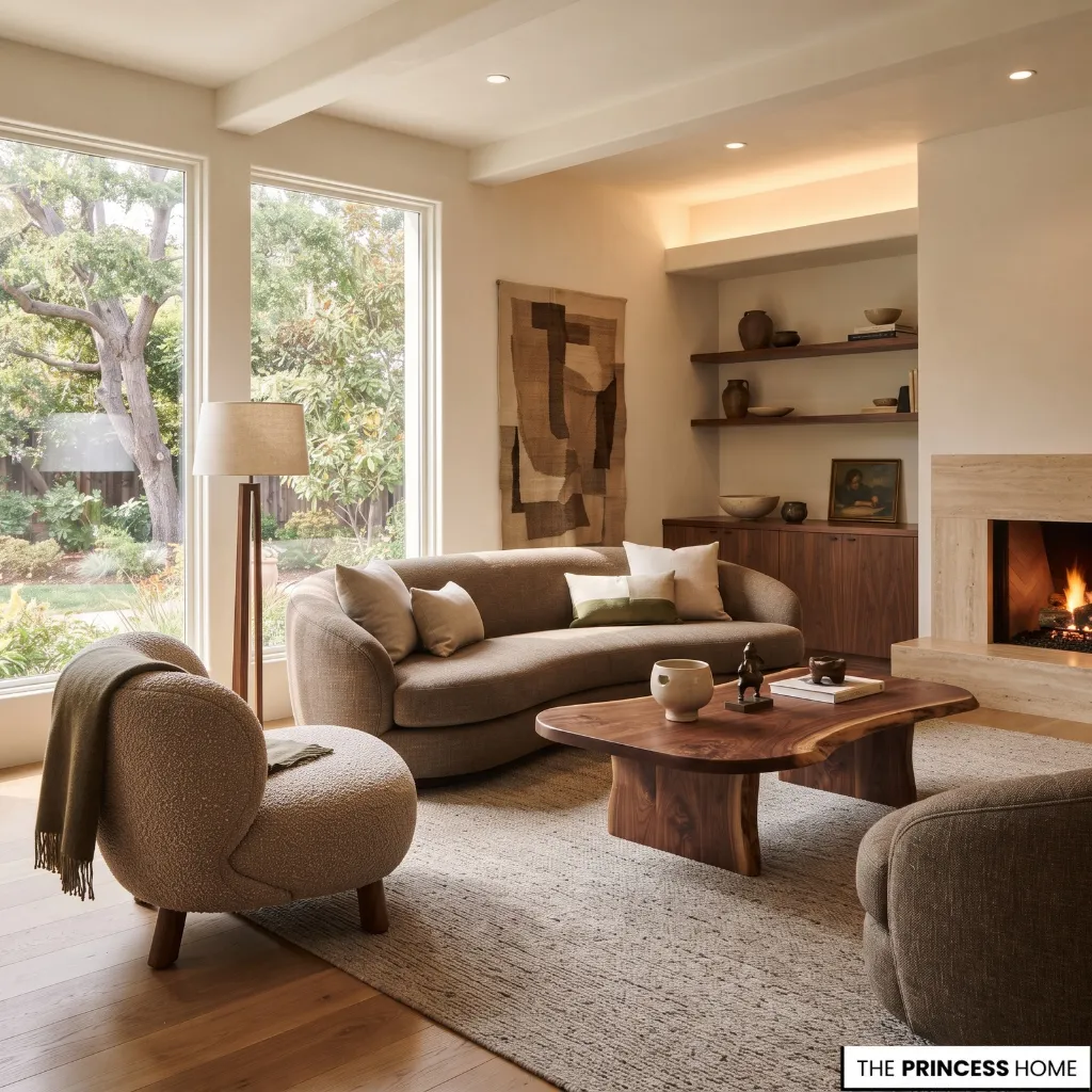 A modern, organic living room featuring a curved sofa, sculptural armchair, live-edge coffee table, and fireplace, reflecting decor trends for 2027