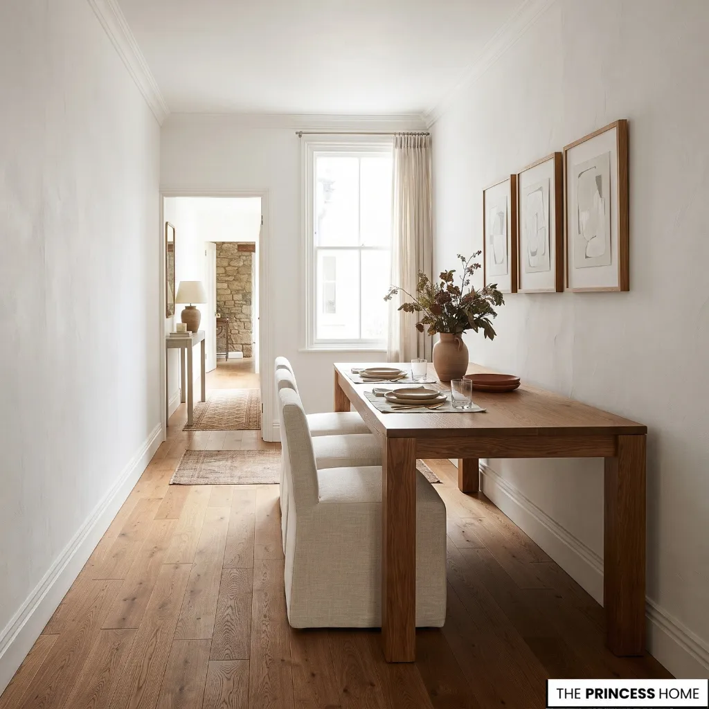 A rectangular dining table aligned with the longer wall of a narrow dining room, leaving a clear route beside it.