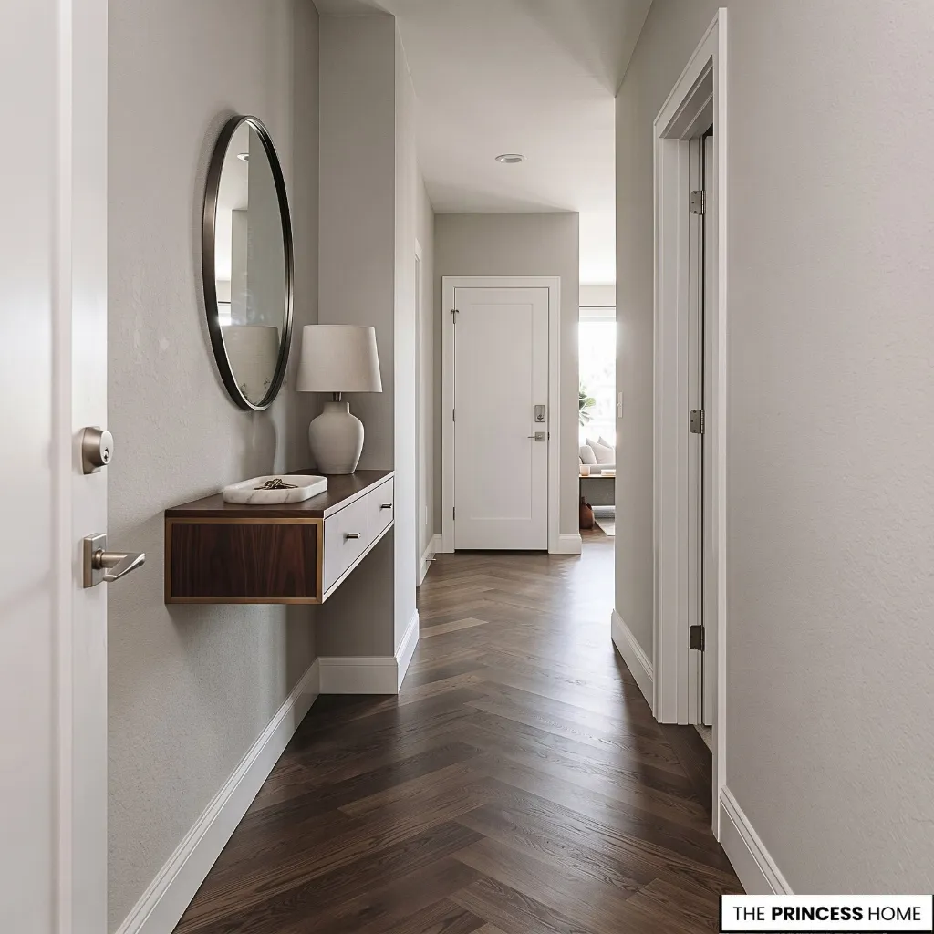 A narrow entry hallway with a shallow console against the wall and an unobstructed walking route.