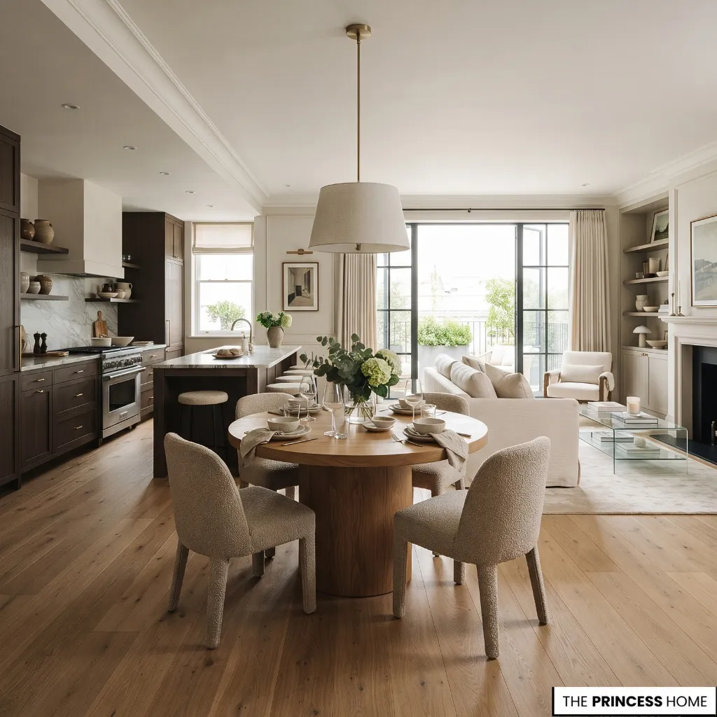 An open-plan dining table positioned between the kitchen and living area with a clear walking route