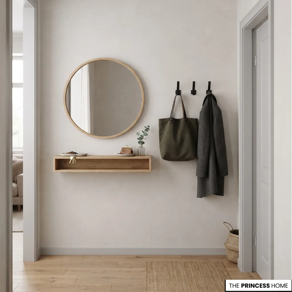 Wall-mounted entryway mirror shelf with hooks for a bag and jacket.