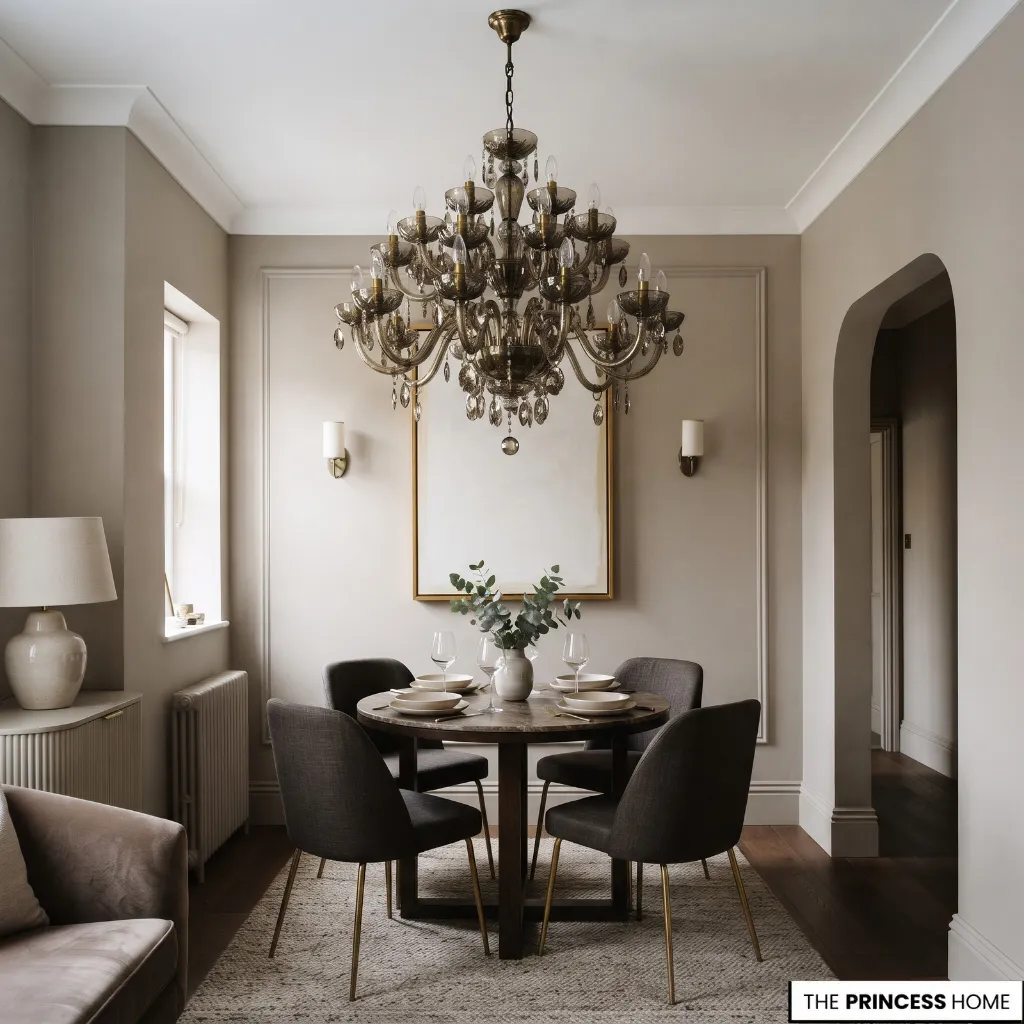 An oversized chandelier visually dominating a compact dining table and surrounding furniture.