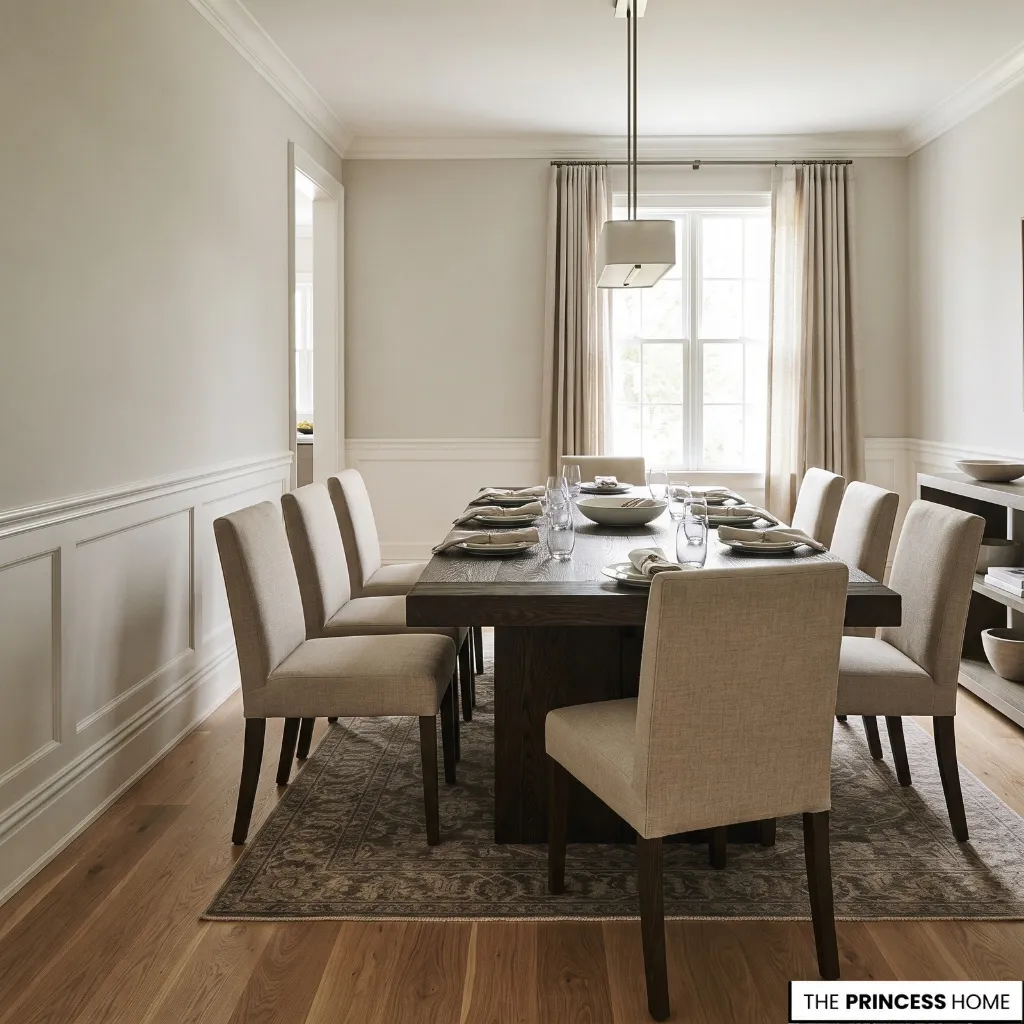 Oversized dining table with chairs restricting the available walking space in a dining room.