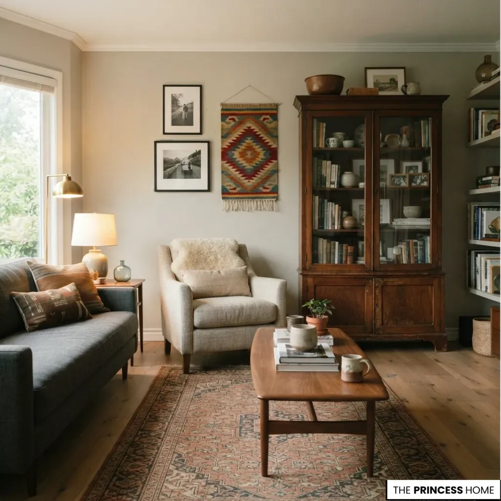 Personal living room with meaningful artwork, books, inherited furniture, and coordinated furnishings