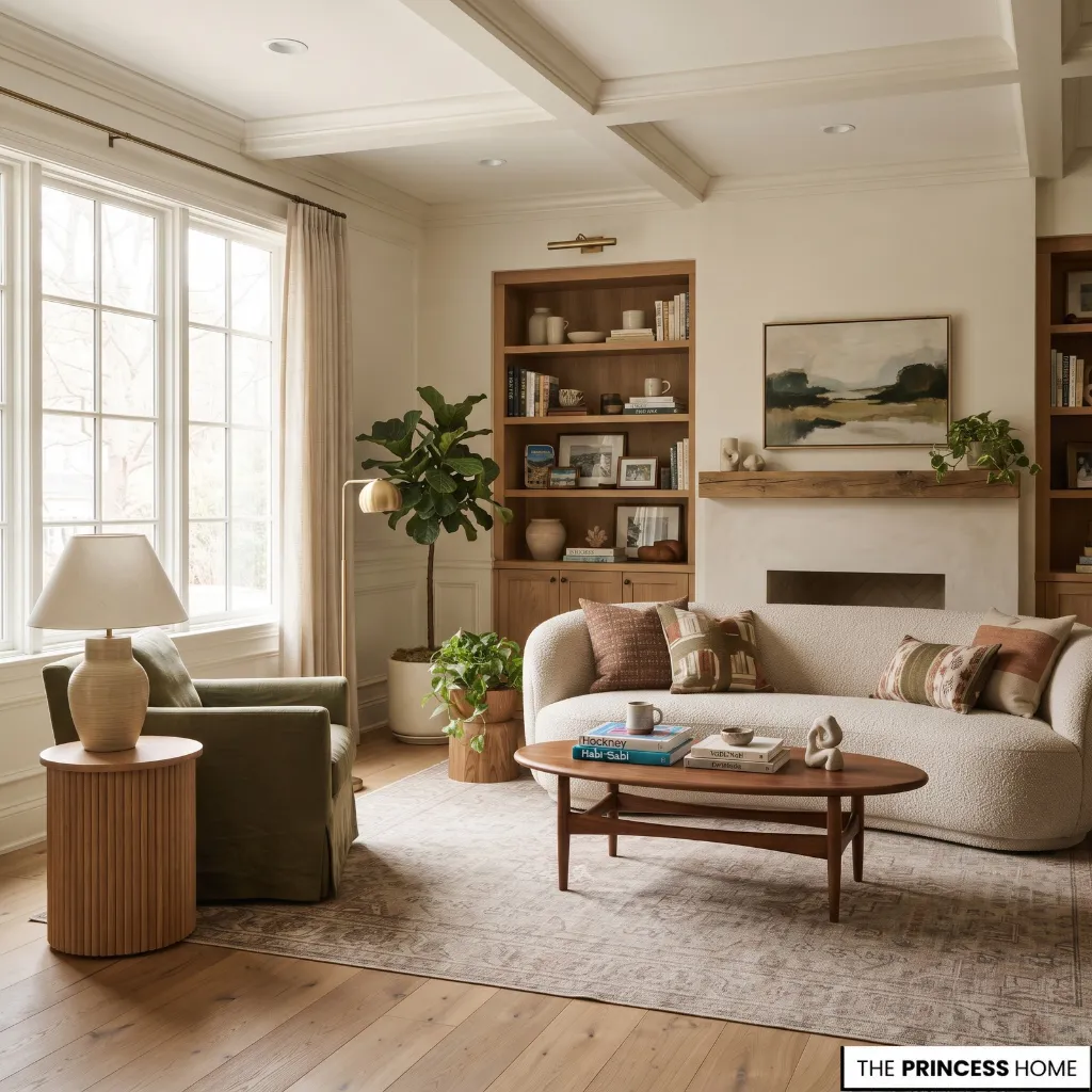 Personalized living room combining preferred furniture shapes, natural materials, color, and layered decoration