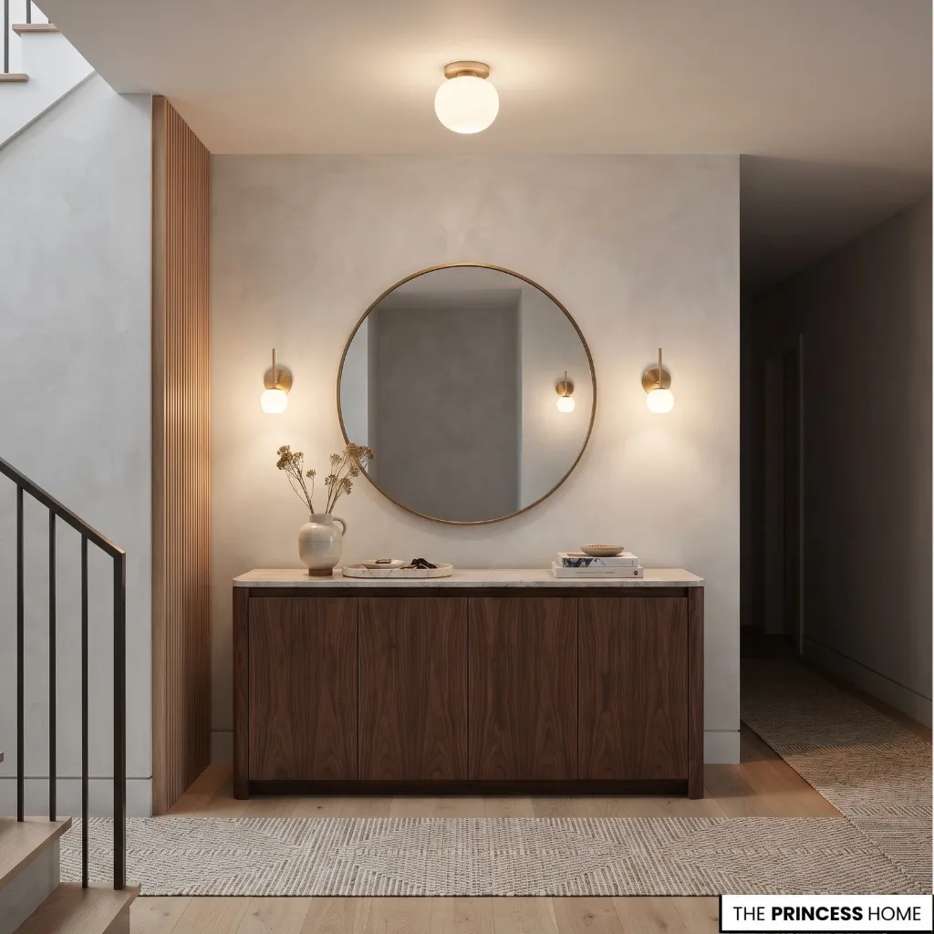 Entryway console with mirror, table lamps, and wall sconces.