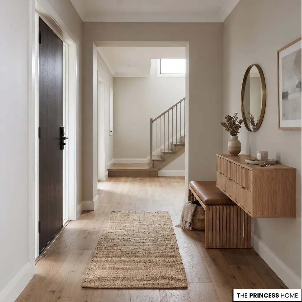 Entryway with a clear route from the front door past a bench and storage.