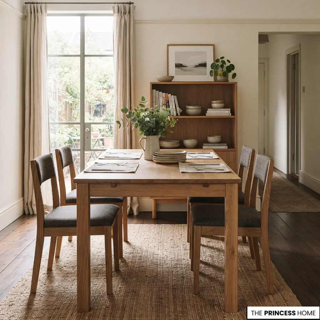 Simple wood dining table with practical chairs in an uncluttered everyday dining room.