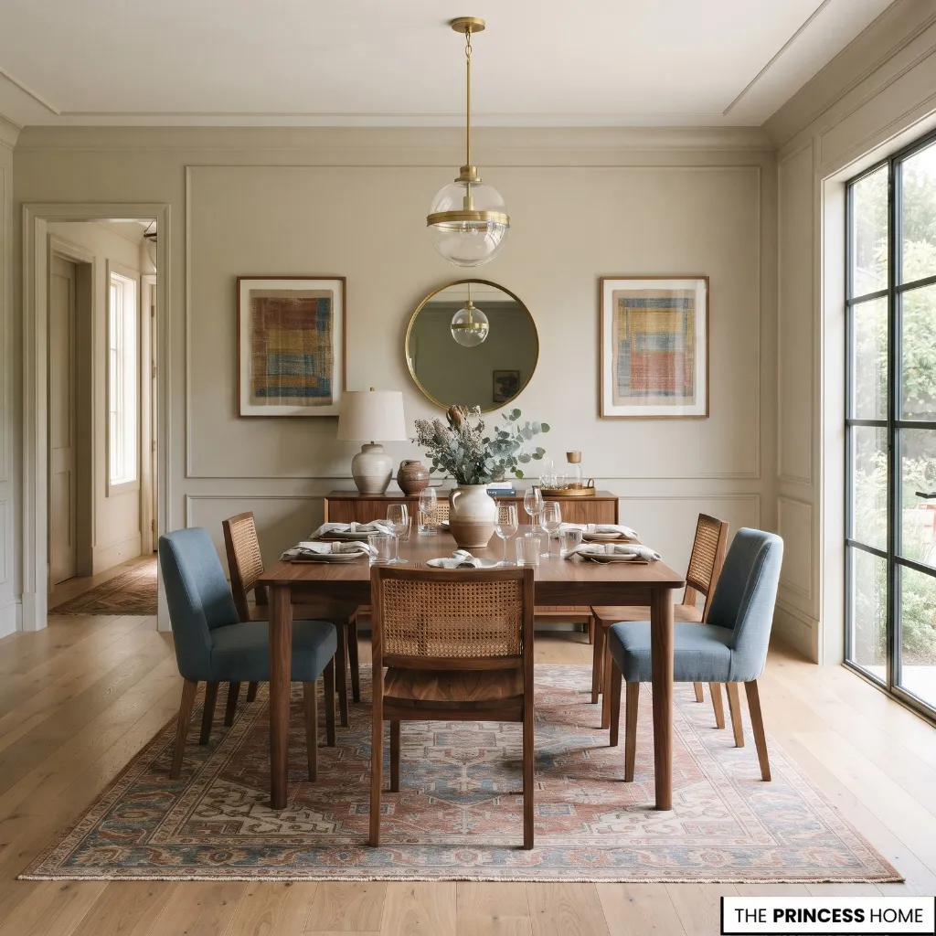 Complete dining room with a proportionate table, aligned pendant, appropriately sized rug, and sideboard.