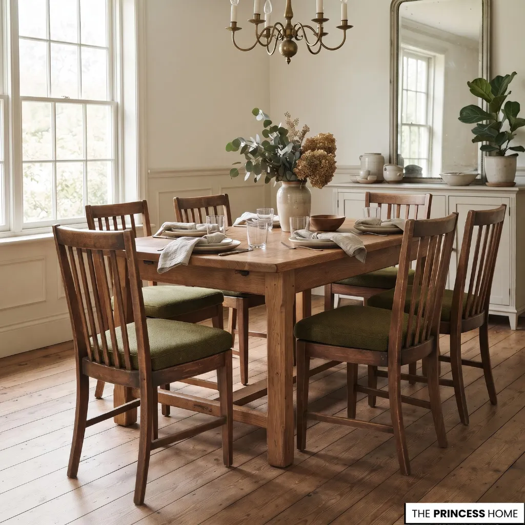 Wooden dining chairs with updated seat pads arranged around an existing dining table.