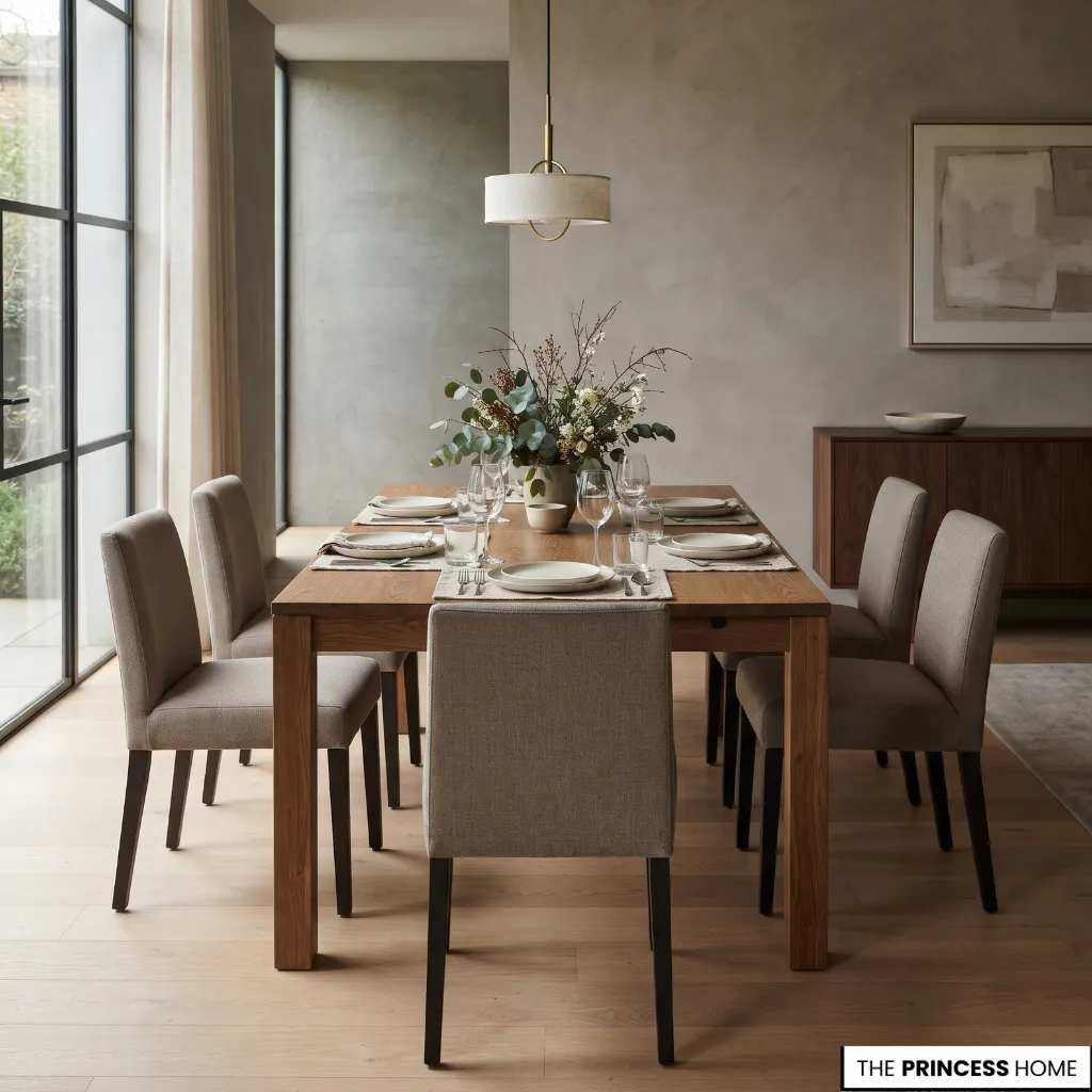 Round wooden dining table with a central pedestal base and chairs arranged around its curved edge.